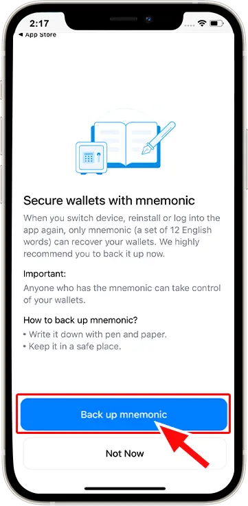 Bước 6: Chọn "Back up mnemonic"